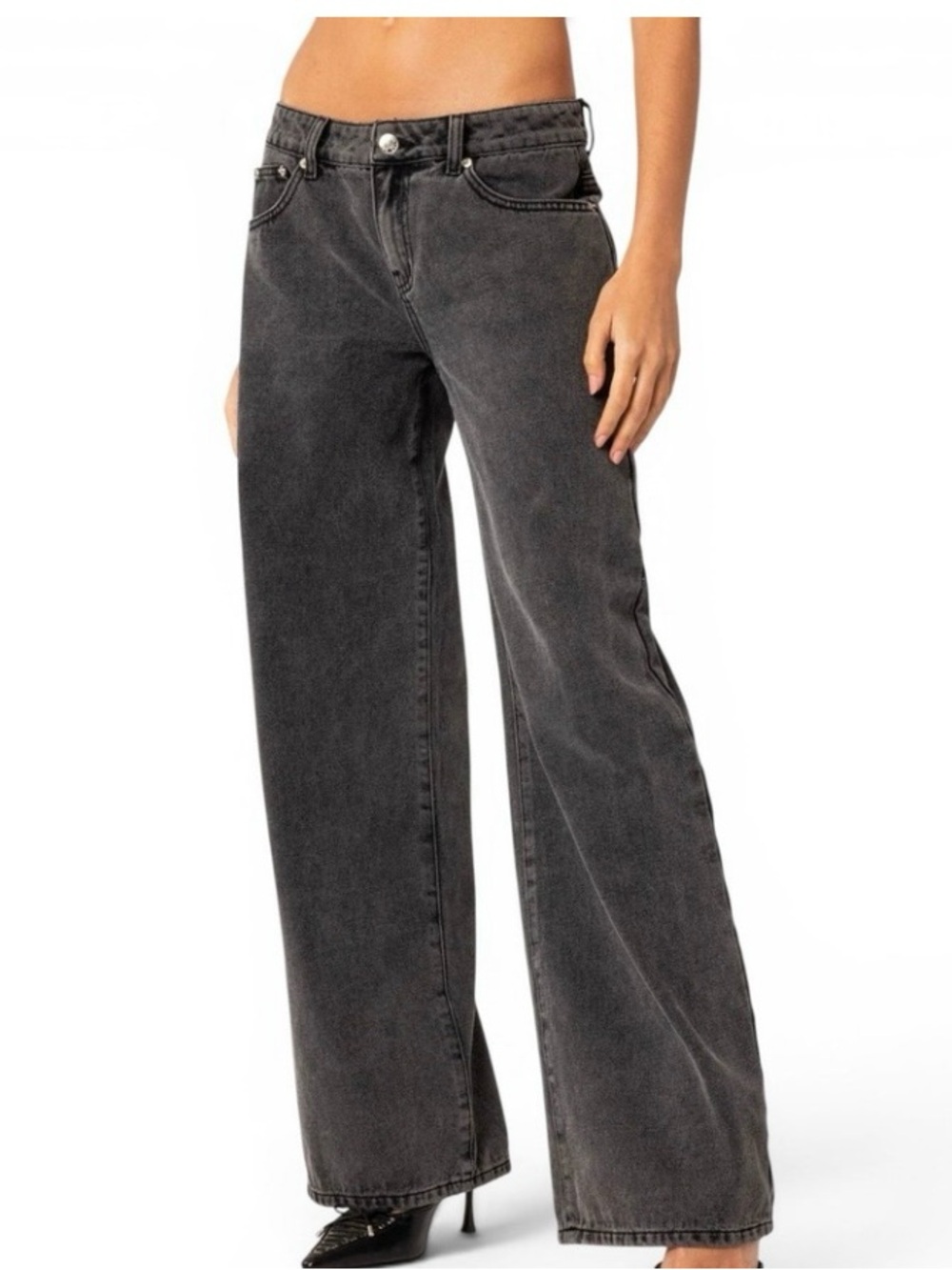 Edikted Wide-Leg Low-Rise Jeans in Washed Black/grey sz M/30” waist